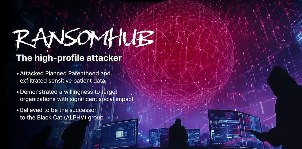 Color illustration explaining impact of the Ransomhub ransomware attack.